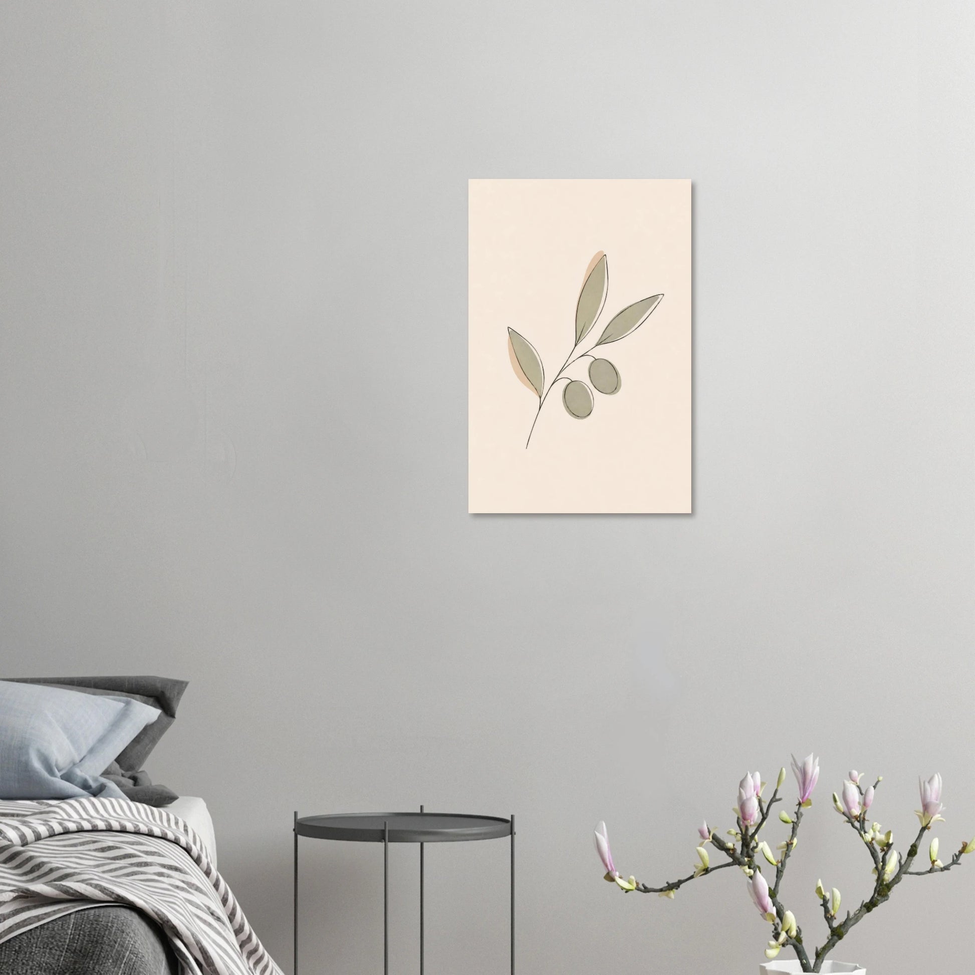 Olive Sprig nursery print displayed unframed on a light grey bedroom wall