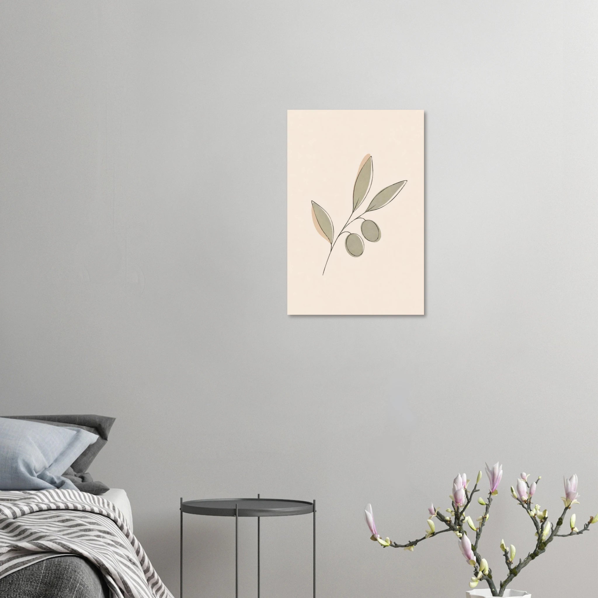 Olive Sprig nursery print displayed unframed on a light grey bedroom wall