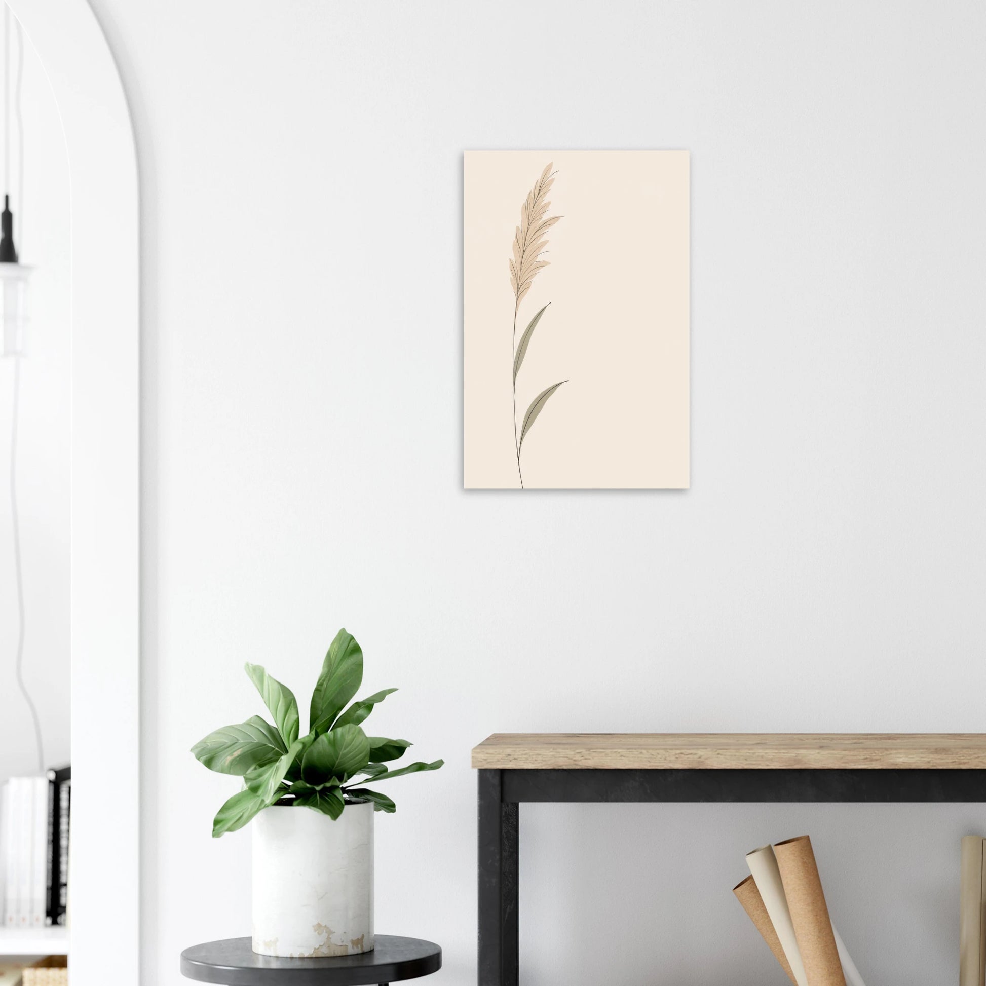 Pampas Grass nursery print on a white wall above a wooden bench with a plant