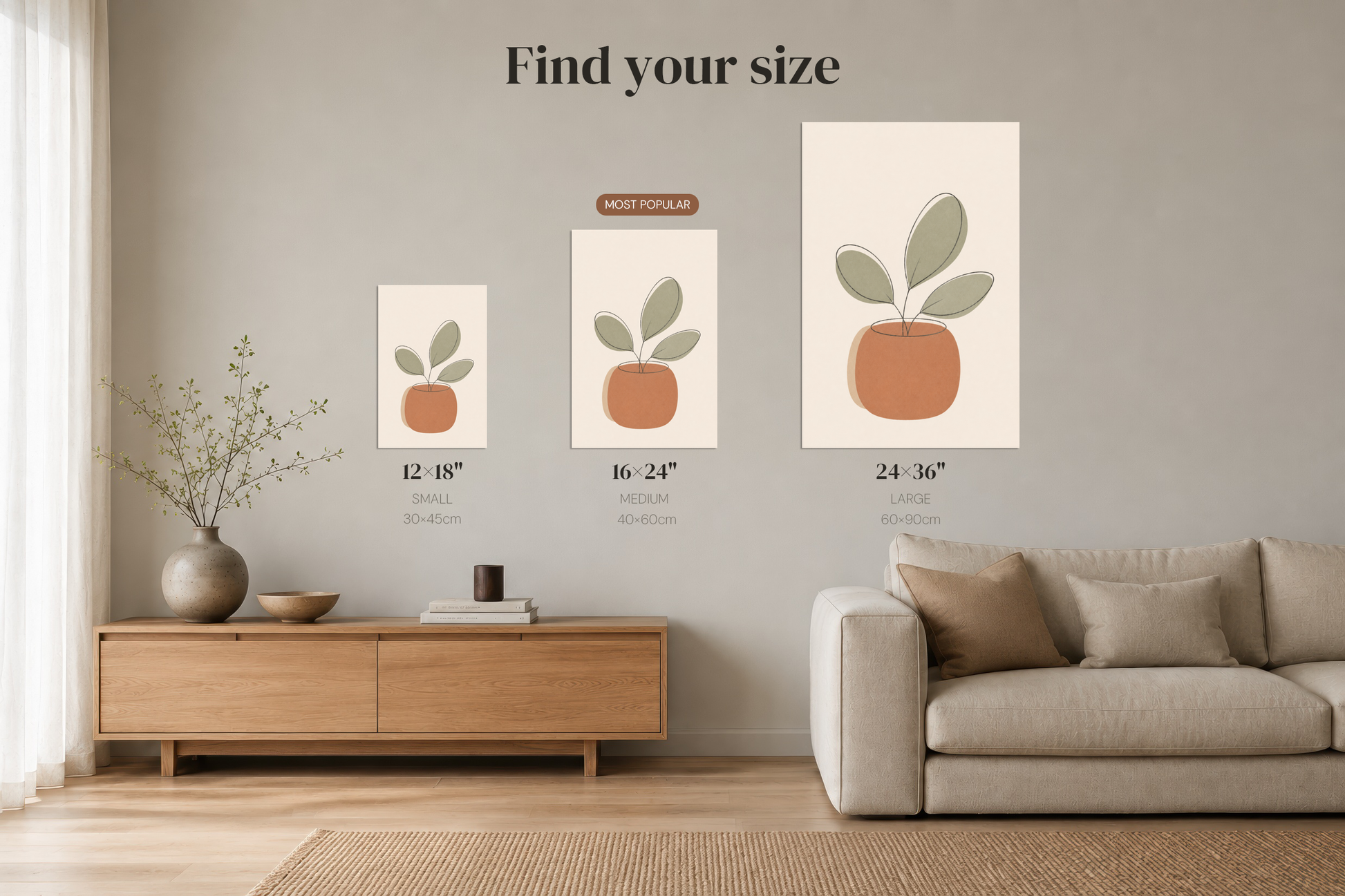 Size guide for Sun and Hills nursery print: 12x18, 16x24 and 24x36 inches