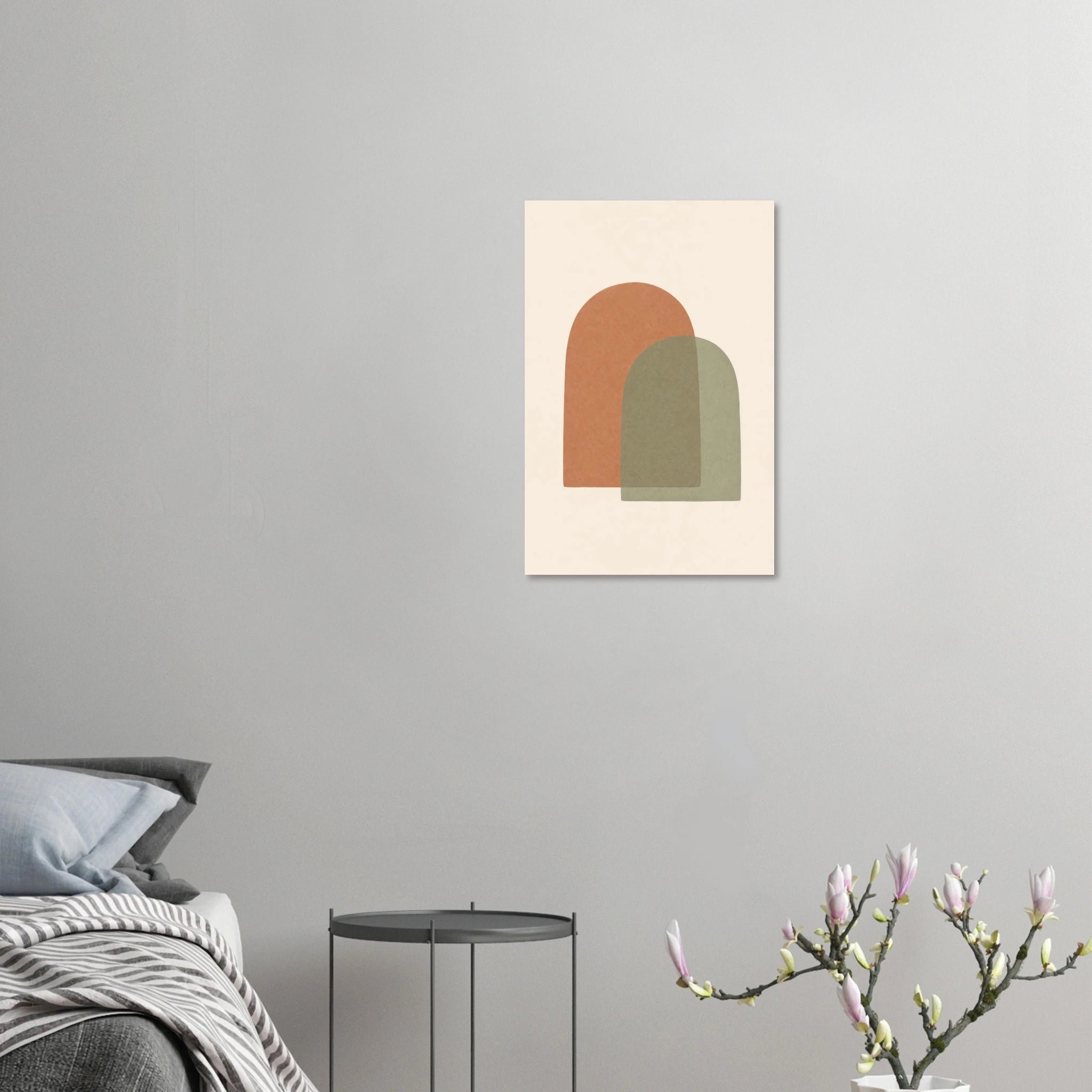 Terracotta & Sage Arches nursery print displayed unframed on a light grey bedroom wall