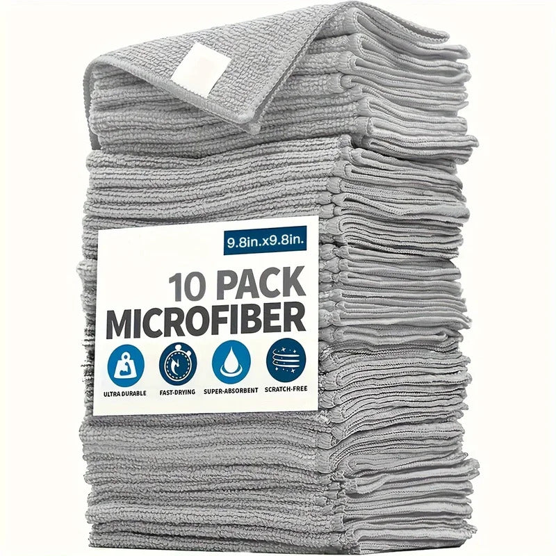 Ultra-fine microfiber kitchen towels set in light gray showing premium cleaning cloths