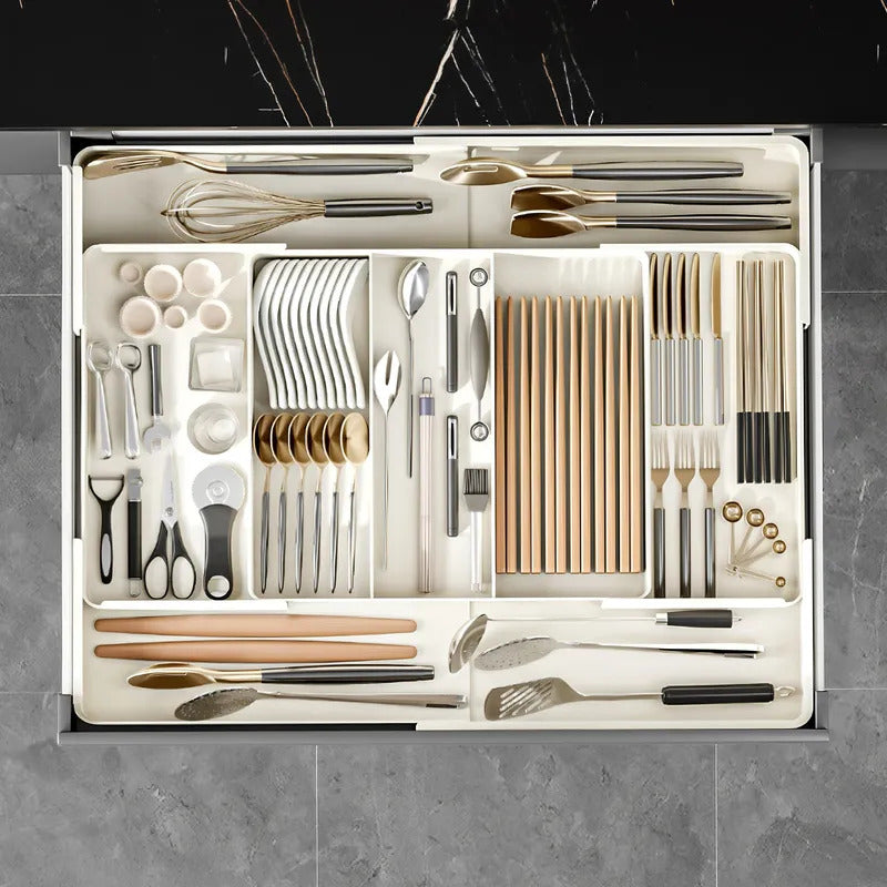 Versatile adjustable organizer set showing modular configuration for desk kitchen and office storage