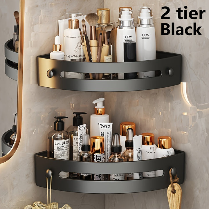 Black corner shower caddy 2-pack with adhesive wall mount, no drilling required