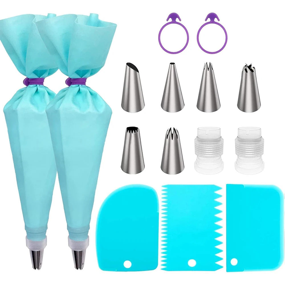 15-Piece Professional Silicone & Stainless Steel Cake Decorating Set - Icing Nozzles & Bags