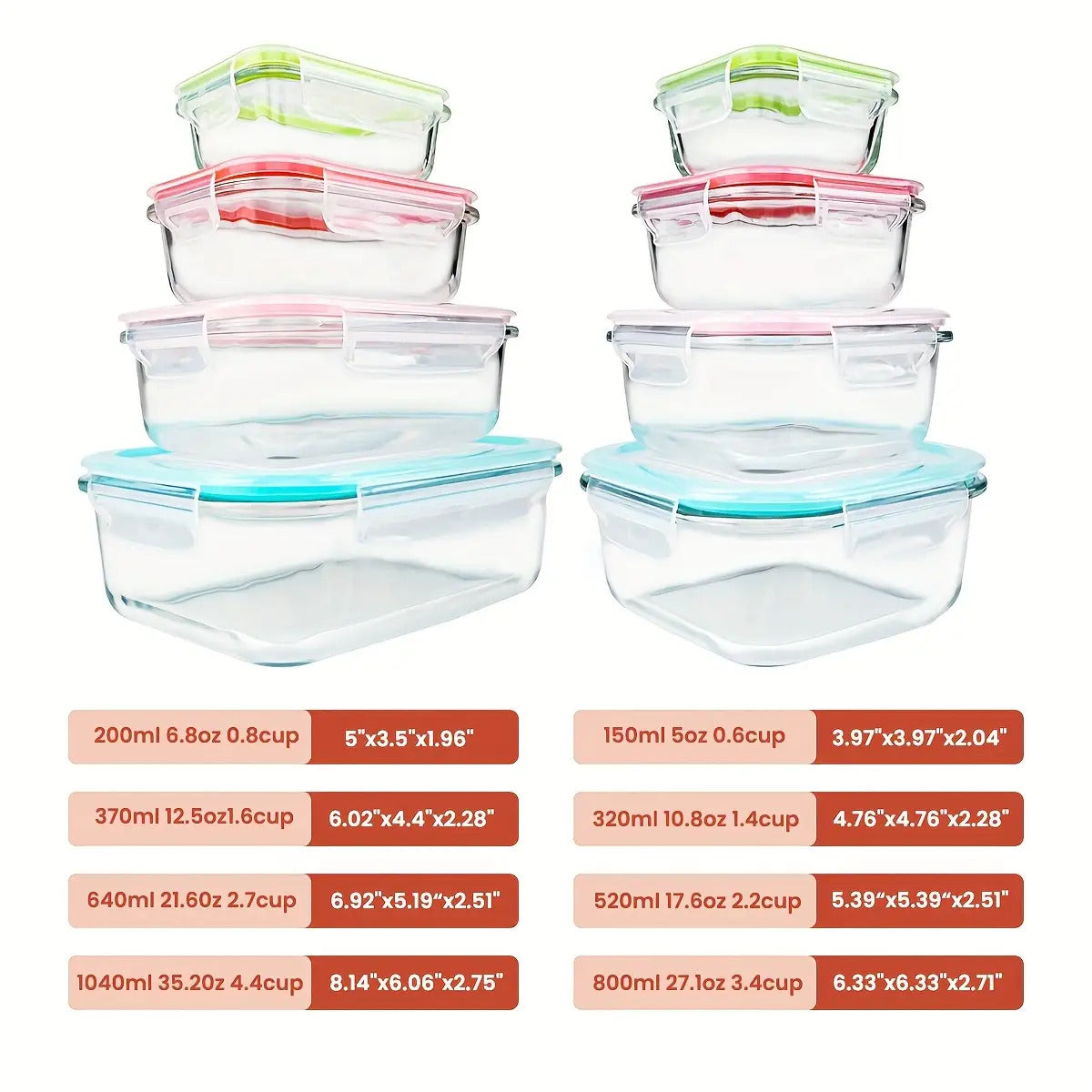 8-Pack Premium Glass Food Storage Containers with Airtight Lids – Leak-Proof, Microwave, Oven, Freezer & Dishwasher Safe – BPA-Free, Stain-Resistant, Easy to Clean – Ideal for Meal Prep & Bento Lunch