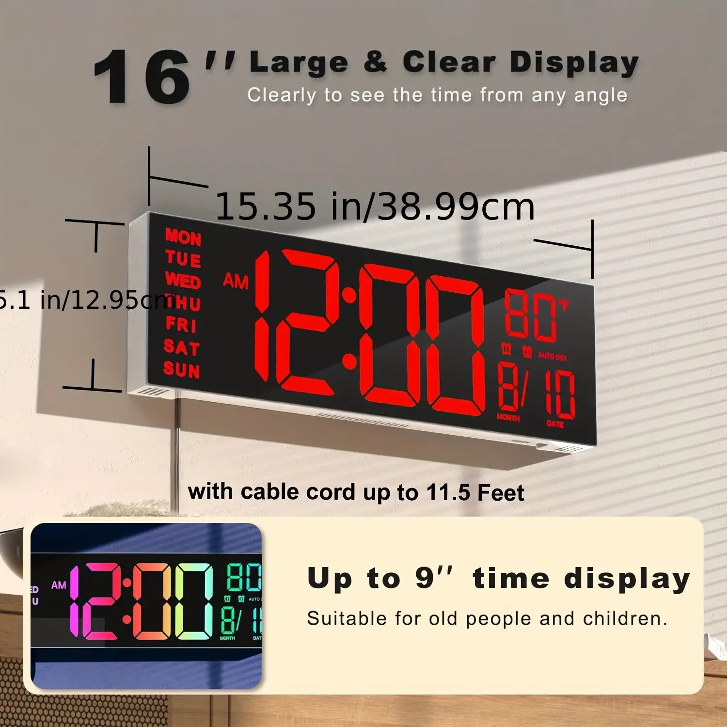 16.2" Large Digital Wall Clock with LED Display - Dual Alarm, 8 RGB Colors, Auto Brightness & Remote Control - Perfect for Living Room, Bedroom, Office & Gym