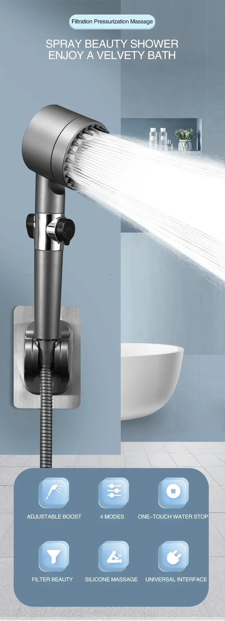 3-Mode High Pressure Filtered Shower Head - Rainfall, Massage & Mist Settings with Chlorine Filter