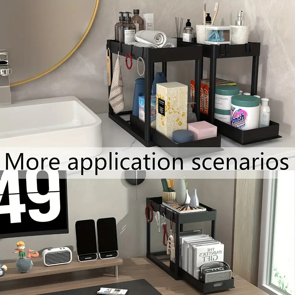 2-Tier Under Sink Organizer 2-Pack - Multi-Purpose Sliding Cabinet Basket Drawers with 8 Hooks for Kitchen & Bathroom Storage