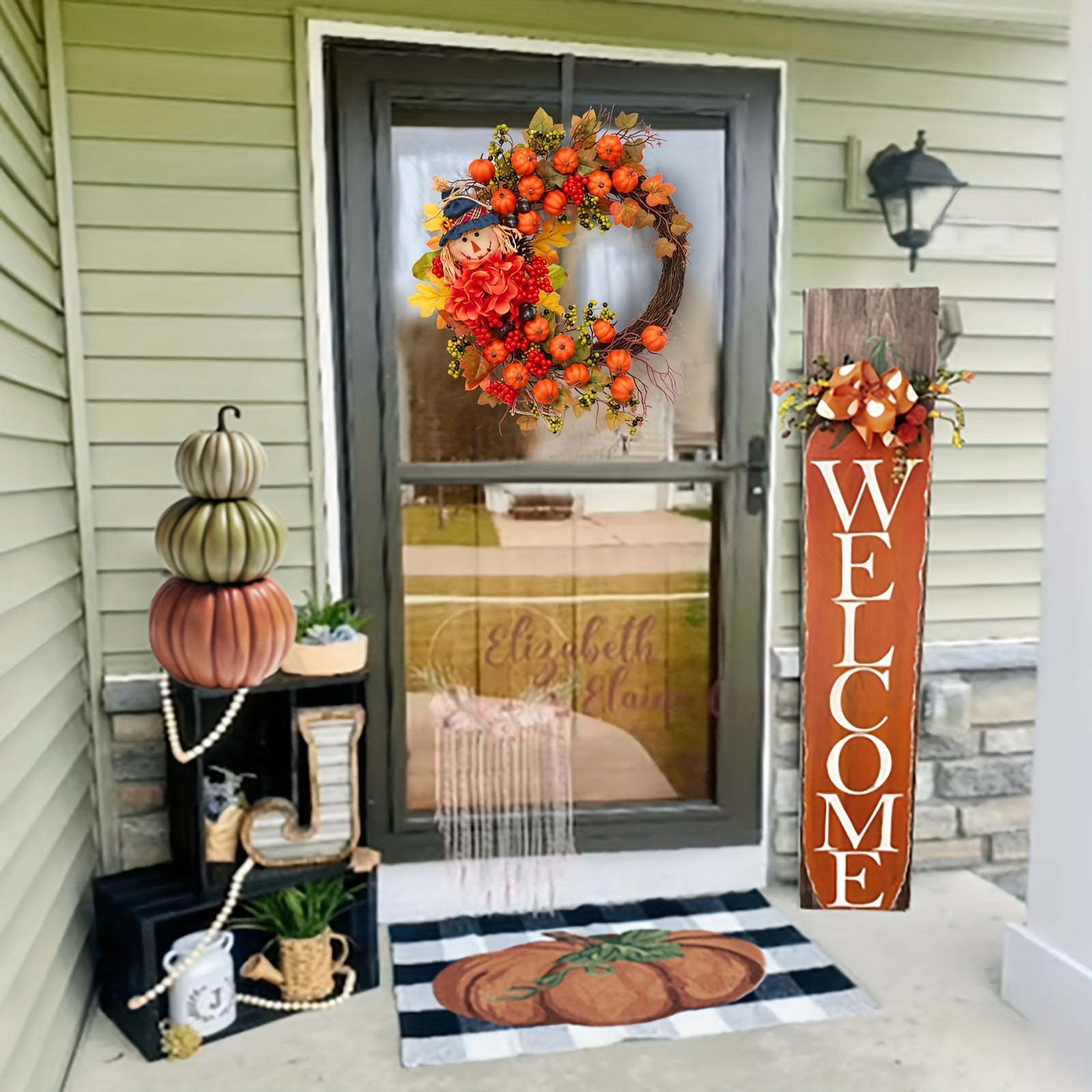 Fall Door Wreath with Pumpkin & Scarecrow - Thanksgiving Harvest Decoration