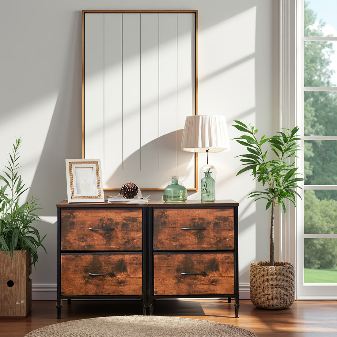 2-drawer storage nightstand with wooden top and fabric drawers for bedroom