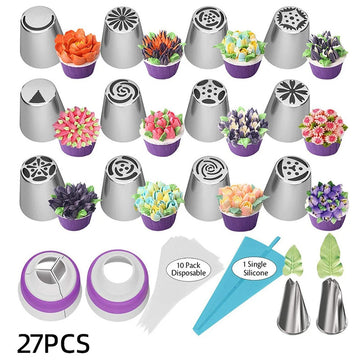 27PCS Professional Stainless Steel Russian Piping Nozzles Set - for Cake, Marshmallow & Pastry Decorating with 10 Disposable Bags