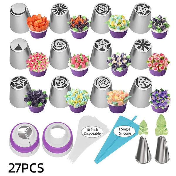 27PCS Professional Stainless Steel Russian Piping Nozzles Set - for Cake, Marshmallow & Pastry Decorating with 10 Disposable Bags