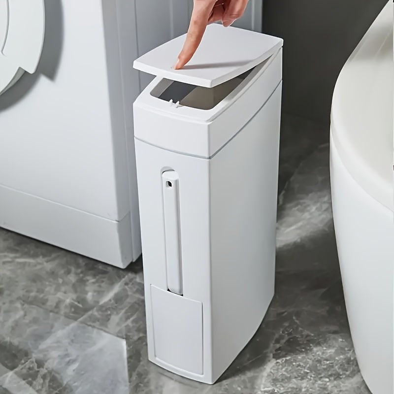 Space-Saving Bathroom Trash Can with Press-to-Open Lid & Integrated Toilet Brush Holder – Modern, Durable, No-Drill Installation