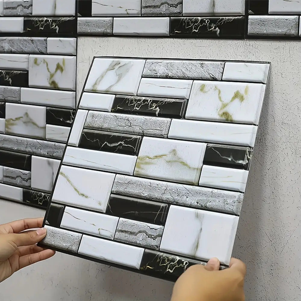 3D self-adhesive tile wall stickers applied as kitchen backsplash showing realistic texture