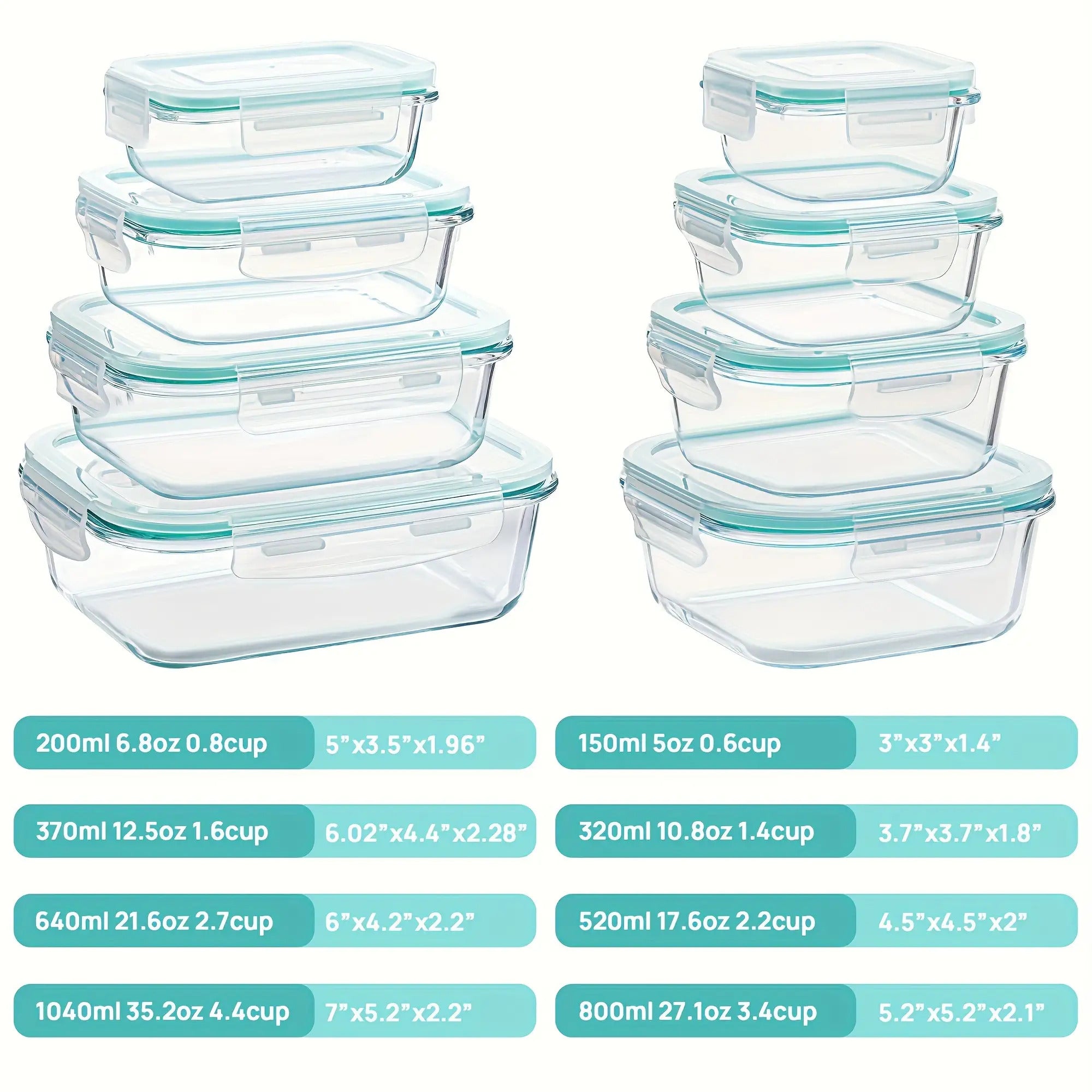 8-Pack Premium Glass Food Storage Containers with Airtight Lids – Leak-Proof, Microwave, Oven, Freezer & Dishwasher Safe – BPA-Free, Stain-Resistant, Easy to Clean – Ideal for Meal Prep & Bento Lunch
