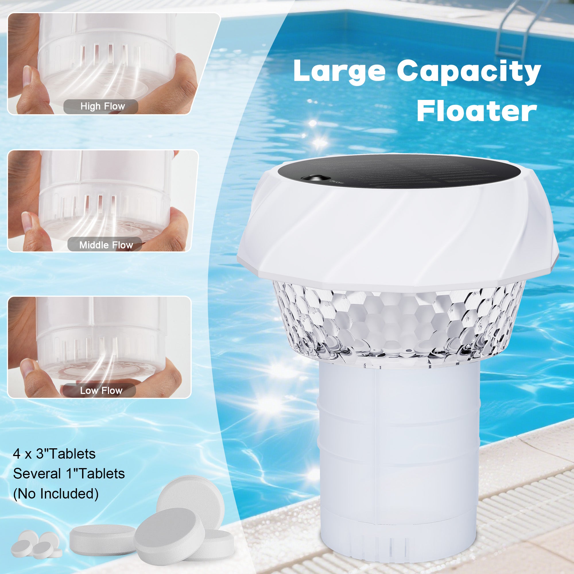 Solar Pool Chlorine Floater with Remote Control 7 Colorful Lights 4 Light Mode 3 Timer Adjustable 3 Inch Tablet Release