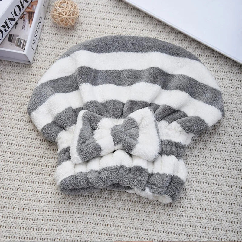Quick-Dry Super Absorbent Hair Towel Cap for Women - Striped Pattern Fast Drying Hair Bonnet & Shower Accessory