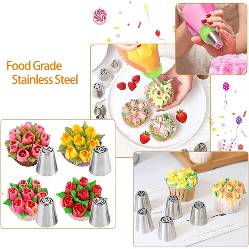 27PCS Professional Stainless Steel Russian Piping Nozzles Set - for Cake, Marshmallow & Pastry Decorating with 10 Disposable Bags
