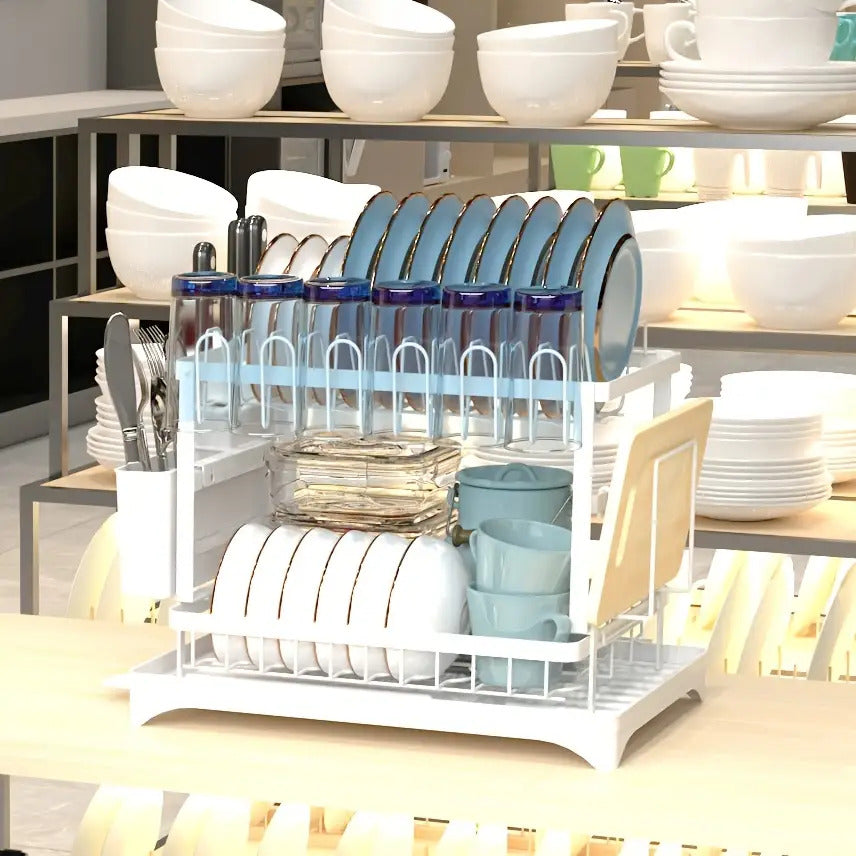 Golden 2-Layer Dish Drying Rack - Premium Kitchen Countertop Organizer with Knife Cup & Cutlery Holder for Space-Saving Storage