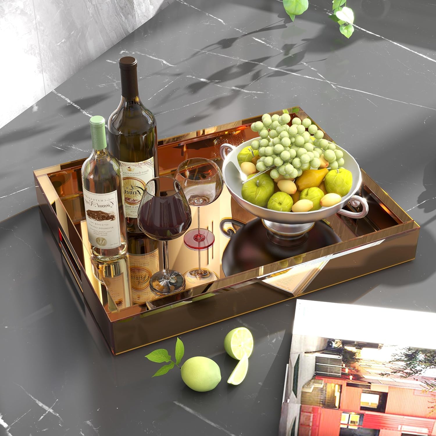 Large Rectangle Ottoman Trays Mirrored Durable Serving Trays with Handles Vanity Organizer Tray for Sofa Coffee Table