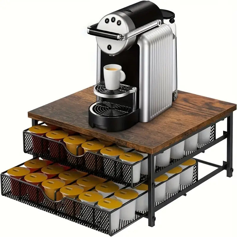 Black wood and iron K-Cup holder with double storage drawers organizing coffee station