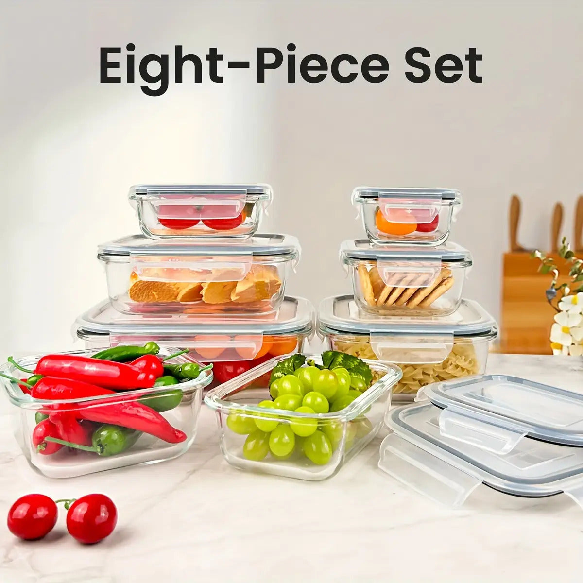 8-Pack Premium Glass Food Storage Containers with Airtight Lids – Leak-Proof, Microwave, Oven, Freezer & Dishwasher Safe – BPA-Free, Stain-Resistant, Easy to Clean – Ideal for Meal Prep & Bento Lunch