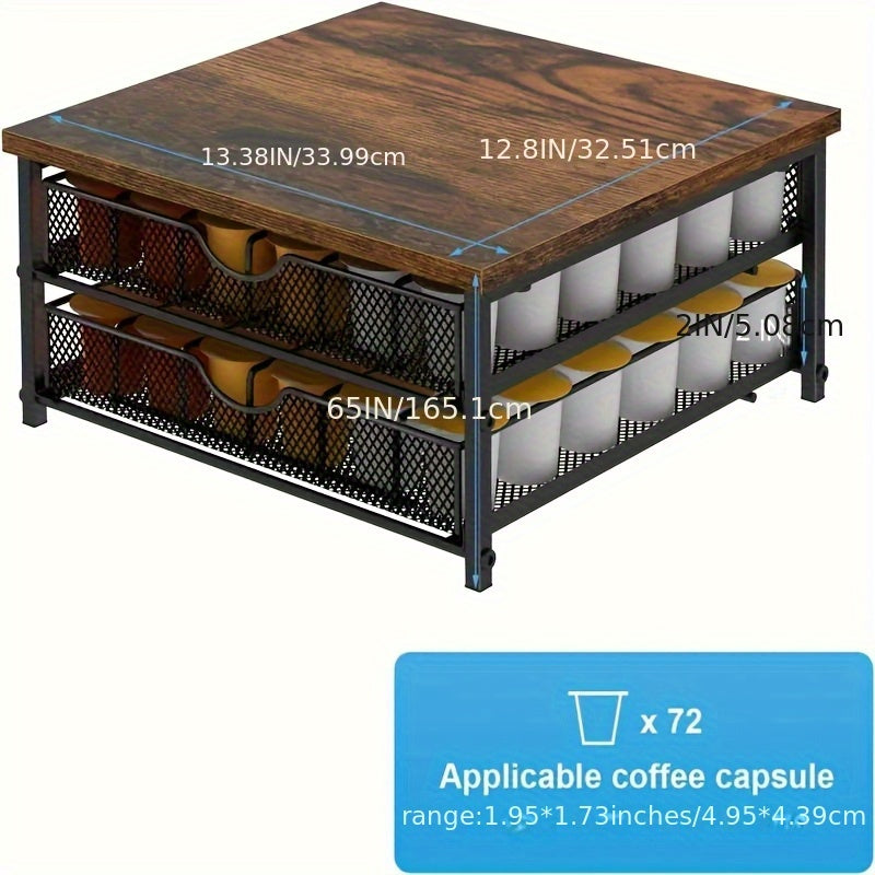 Black Wood & Iron K-Cup Holder with Double Storage Drawers - Coffee Station Organizer Rack for Capsules & Accessories