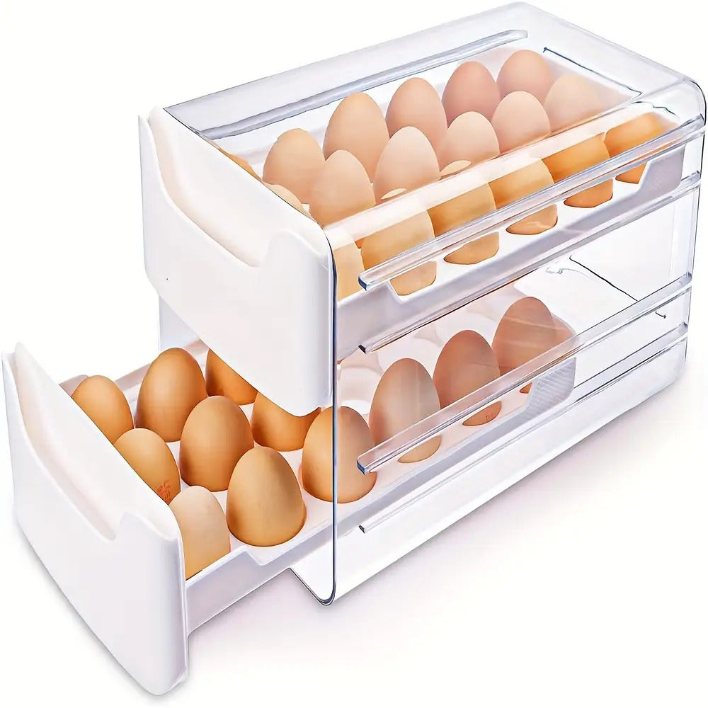 2-layer stackable clear plastic egg holder with handles storing 36 eggs in refrigerator