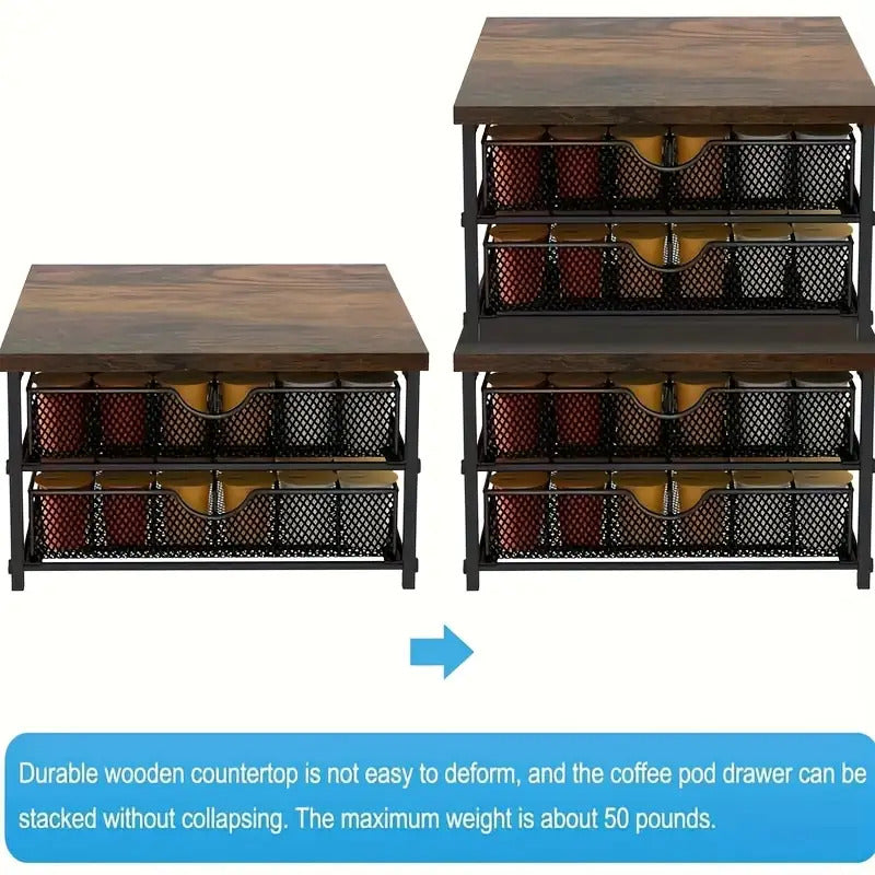 Black Wood & Iron K-Cup Holder with Double Storage Drawers - Coffee Station Organizer Rack for Capsules & Accessories