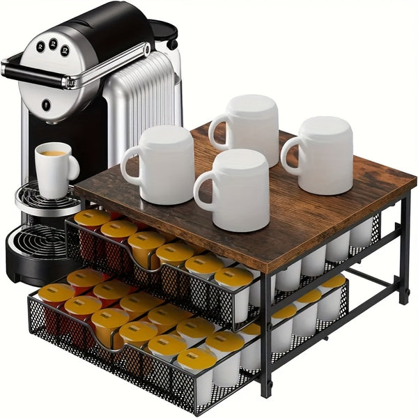 Black wood and iron K-Cup holder with double storage drawers organizing coffee station