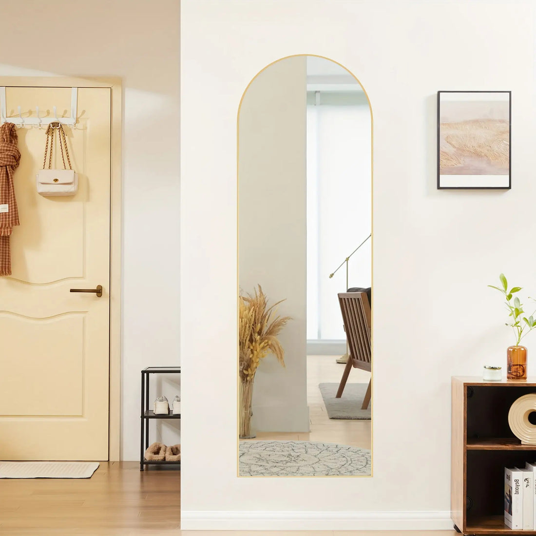 59 inch arched full body floor mirror with aluminum stand in modern bedroom