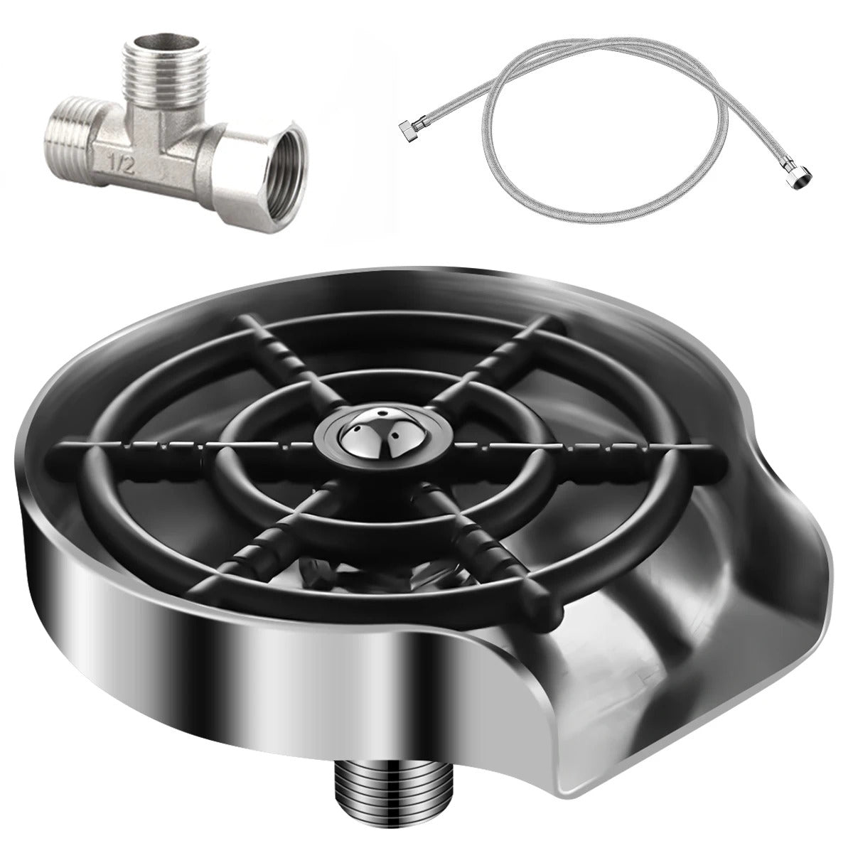 Stainless Steel Automatic Faucet Glass Rinser - Bottle Washer with Tee Connector & Water Pipe, Ideal Coffee Cup Cleaner