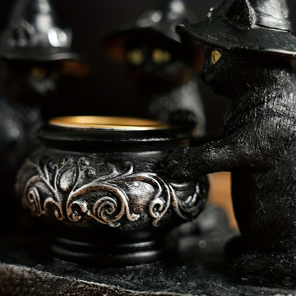 Spooky Witch Cat Figurine - Halloween Metal & Resin Home Decor Gift