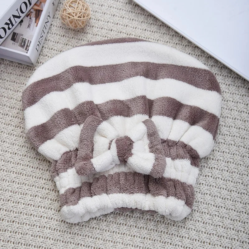Quick-Dry Super Absorbent Hair Towel Cap for Women - Striped Pattern Fast Drying Hair Bonnet & Shower Accessory