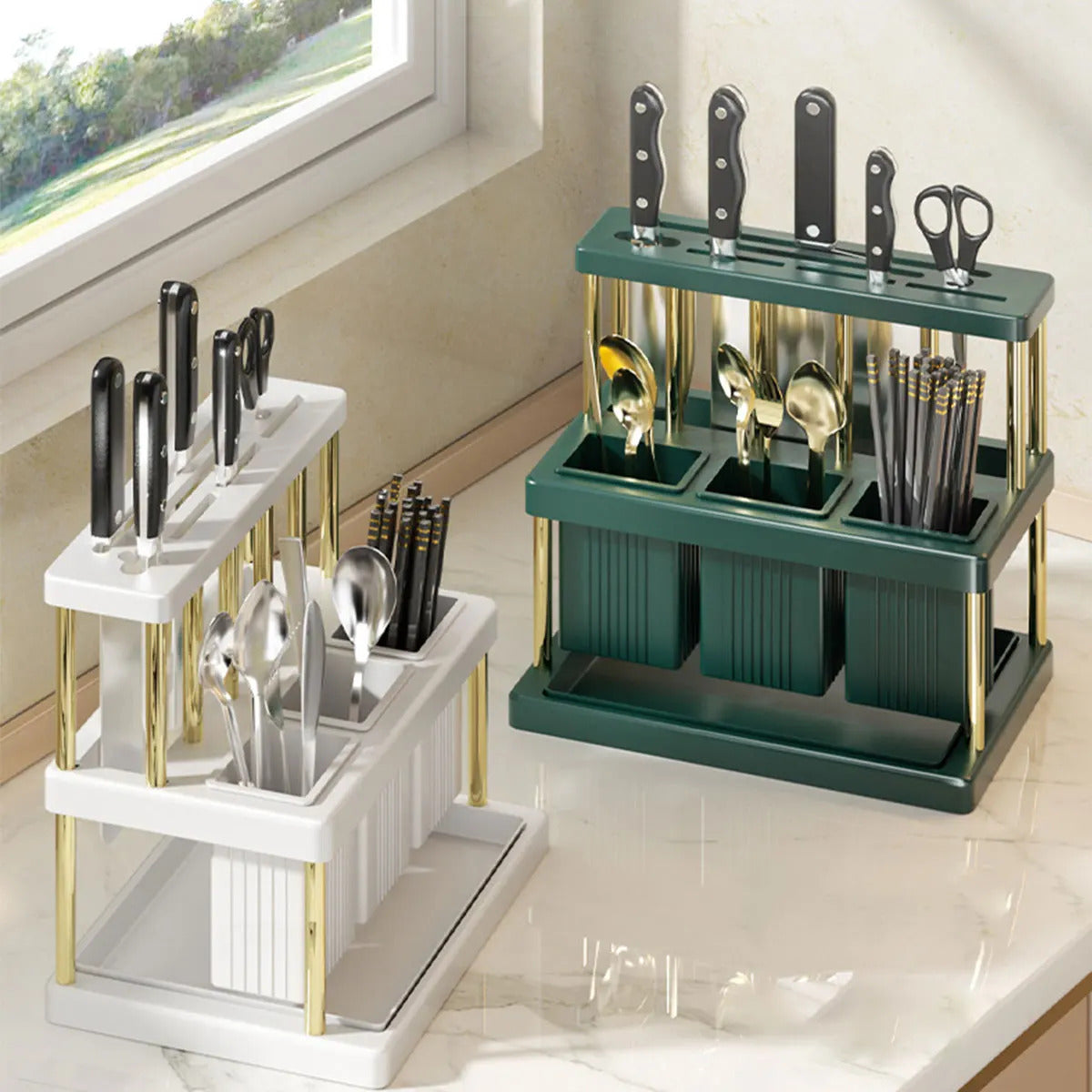 New PP Space-Saving Kitchen Knife Holder - Multi-Function Cutter & Cutlery Drainer Rack for Organized Storage
