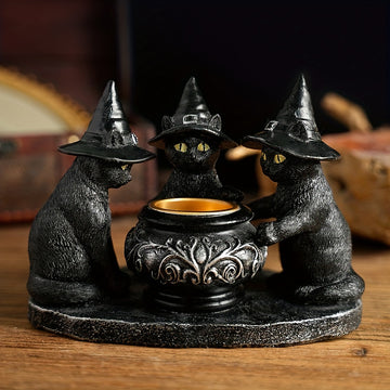Spooky Witch Cat Figurine - Halloween Metal & Resin Home Decor Gift