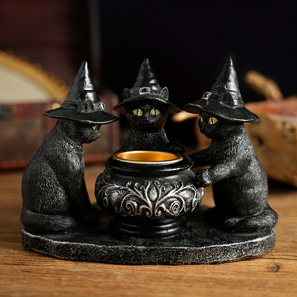 Spooky Witch Cat Figurine - Halloween Metal & Resin Home Decor Gift