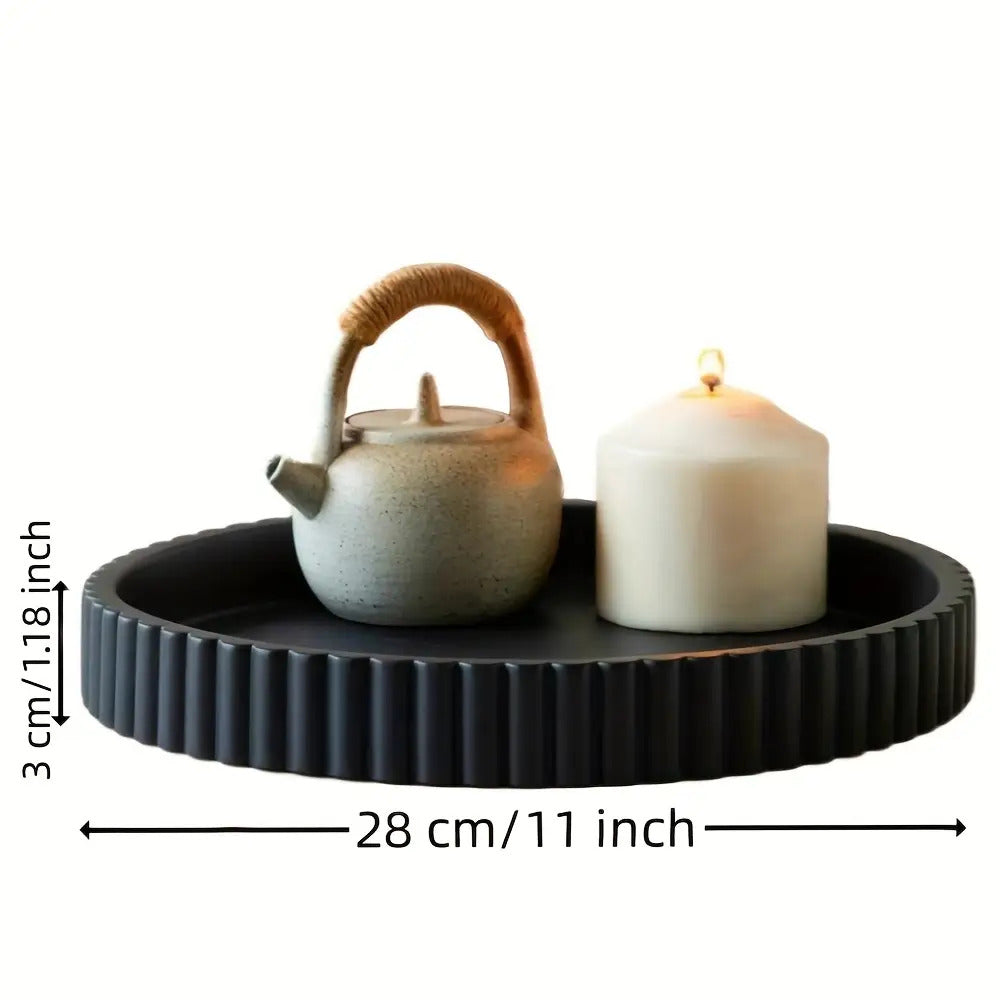 Boho Round Wood Decorative Tray - Multipurpose Coffee Table Centerpiece & Jewelry Organizer - Solid Pattern Design with Powder Coated Finish