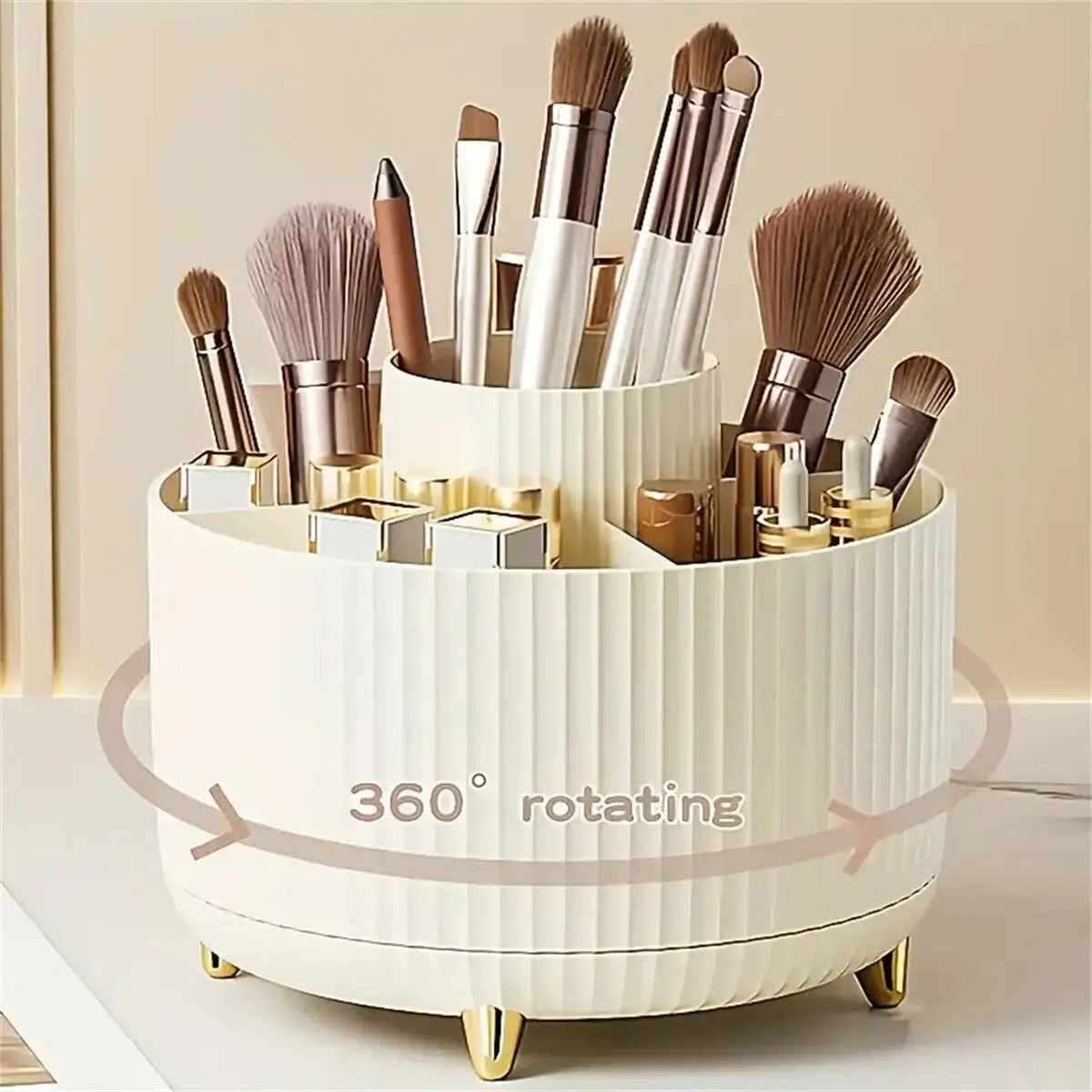 360° Rotating Makeup Organizer - 5-Compartment Cosmetic Storage Tower for Vanity Organization