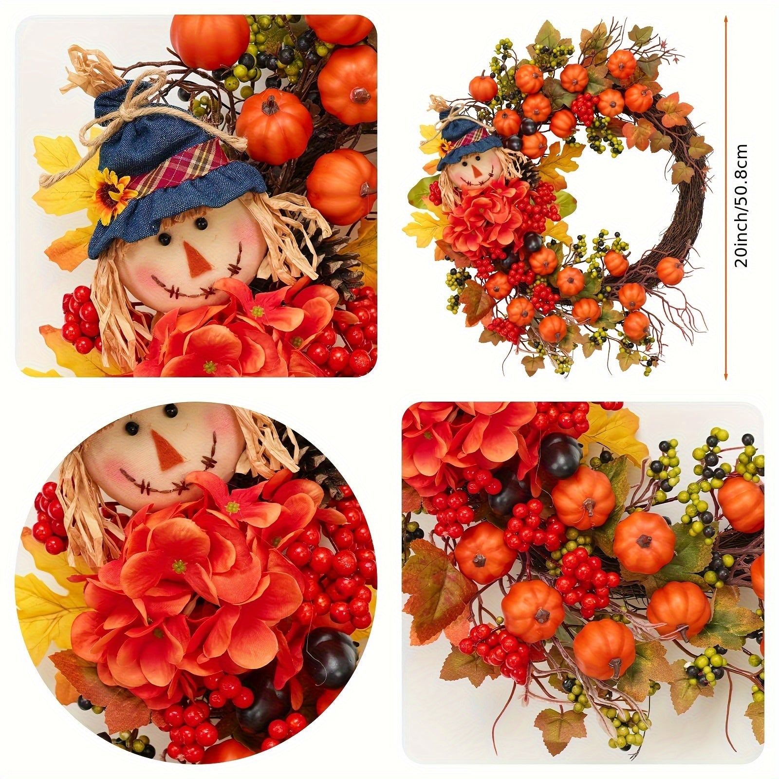 Fall Door Wreath with Pumpkin & Scarecrow - Thanksgiving Harvest Decoration