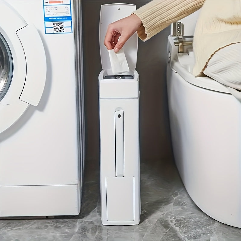 Modern space-saving bathroom trash can with press-to-open lid