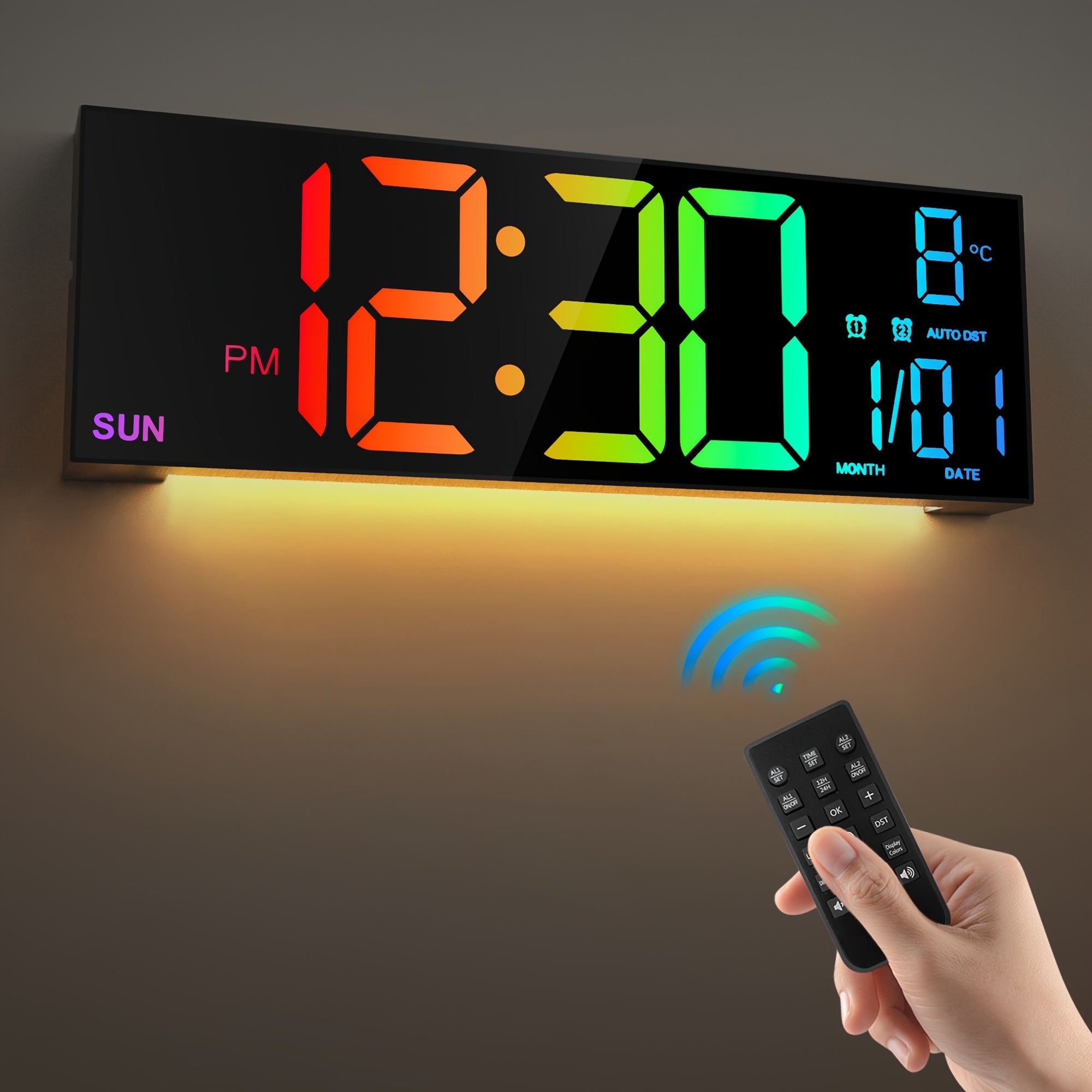 16.2" Large Digital Wall Clock with LED Display - Dual Alarm, 8 RGB Colors, Auto Brightness & Remote Control - Perfect for Living Room, Bedroom, Office & Gym