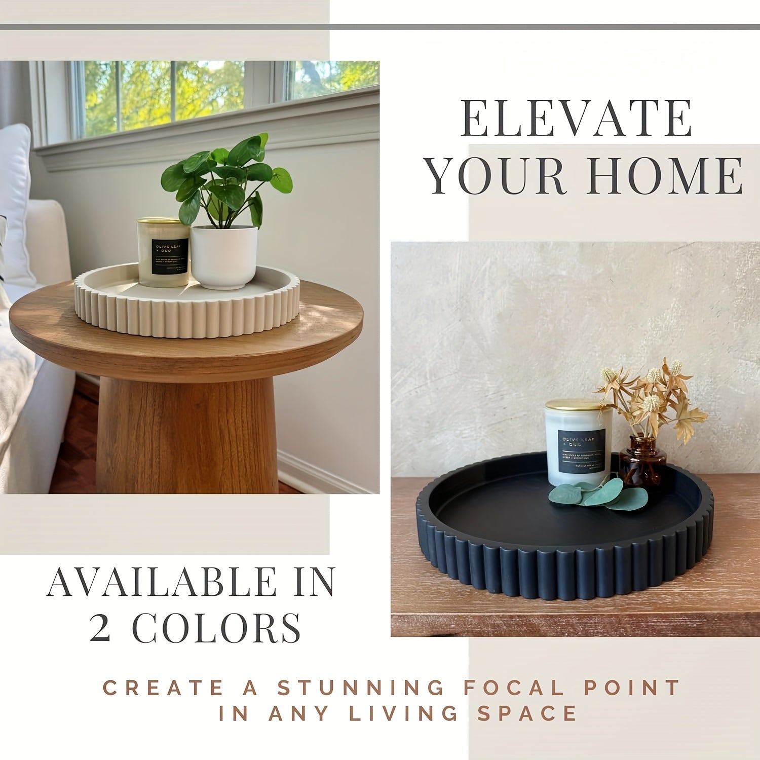 Boho Round Wood Decorative Tray - Multipurpose Coffee Table Centerpiece & Jewelry Organizer - Solid Pattern Design with Powder Coated Finish