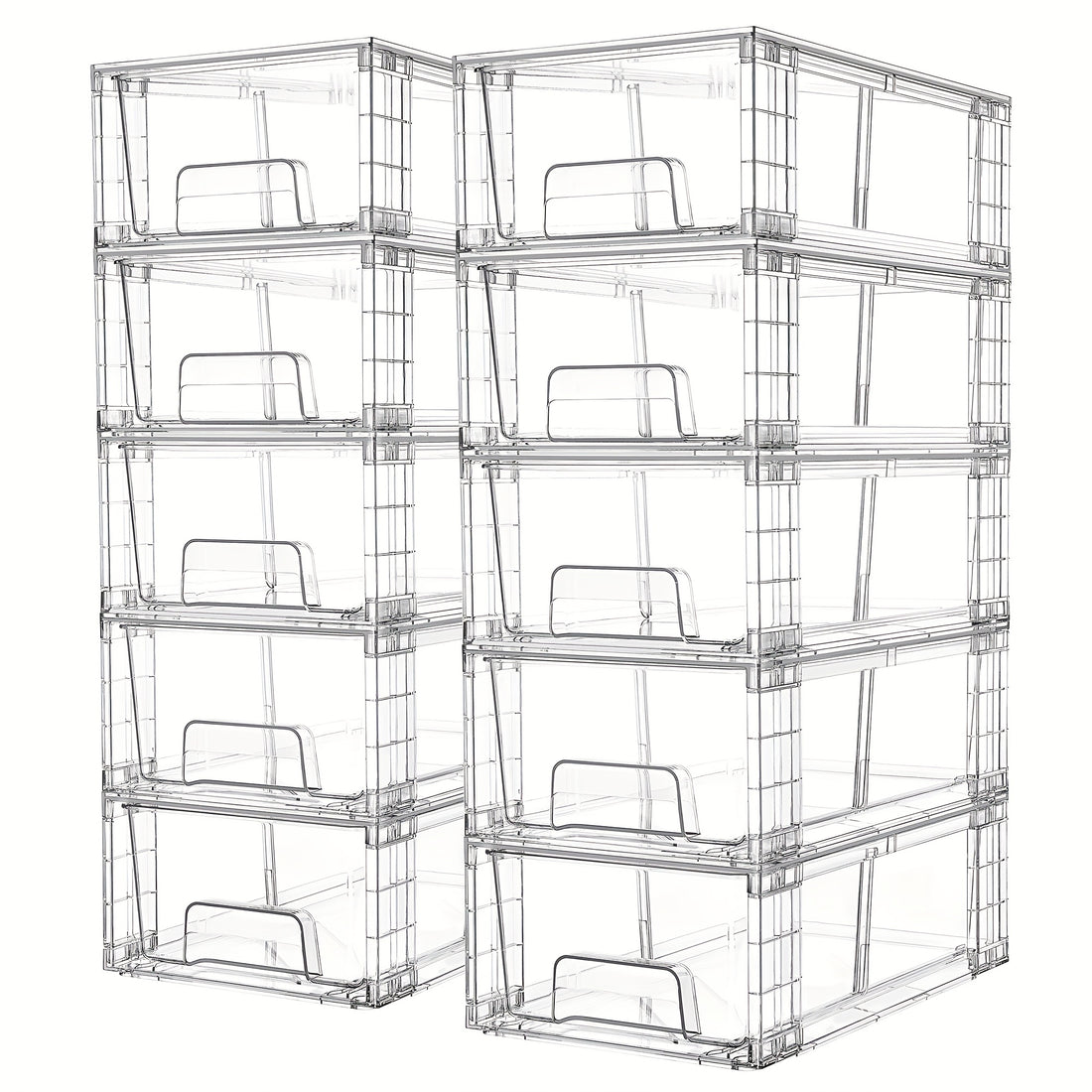 Clear acrylic storage drawers with handles organized in refrigerator with fruits and vegetables
