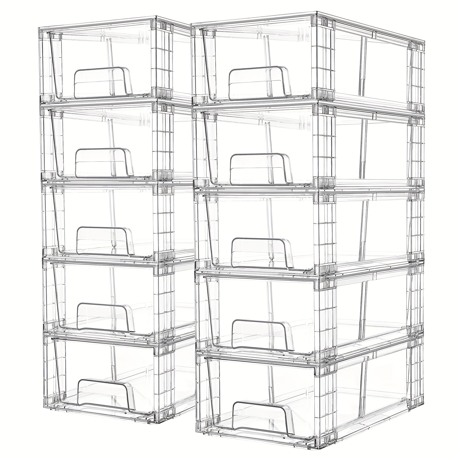 Clear acrylic storage drawers with handles organized in refrigerator with fruits and vegetables