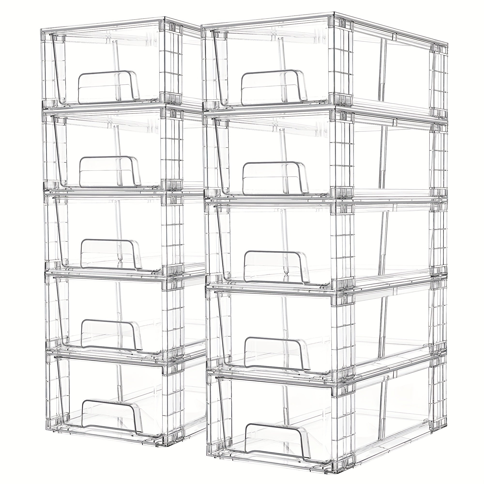 Clear acrylic storage drawers with handles organized in refrigerator with fruits and vegetables