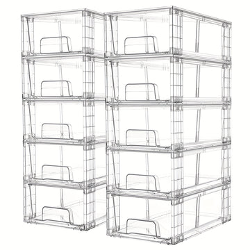 Clear acrylic storage drawers with handles organized in refrigerator with fruits and vegetables