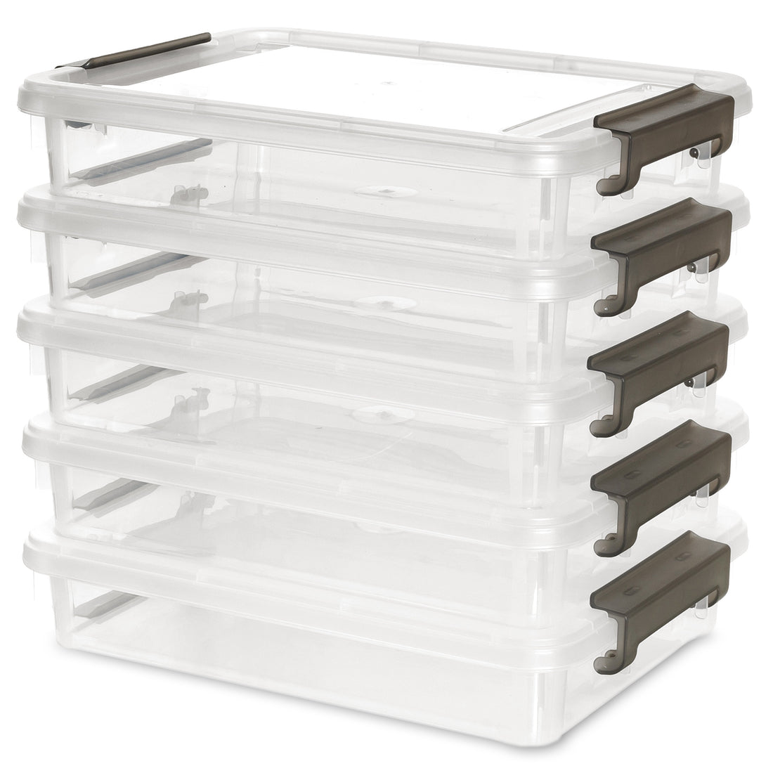 Set of 5 clear plastic storage boxes with lids for school supplies