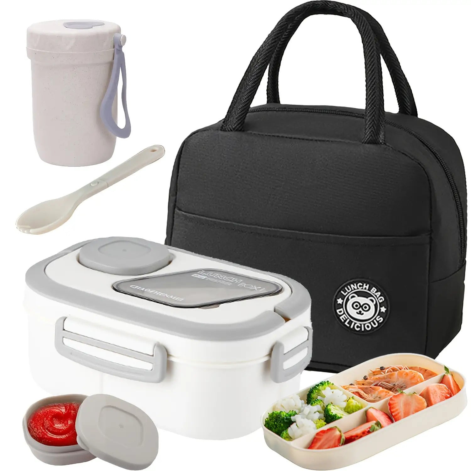 2-Layer Bento Box Complete Set with Cup, Bag & Cutlery - Premium Lunch Box with Multi-Compartments & Sauce Container for Work & Travel